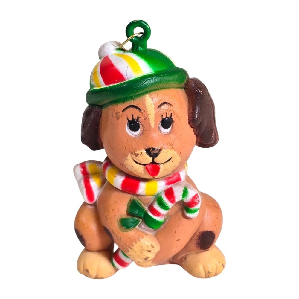 Vintage Dog Christmas Ornament Brown Candy Cane Made in Hong Kong Retro Puppy